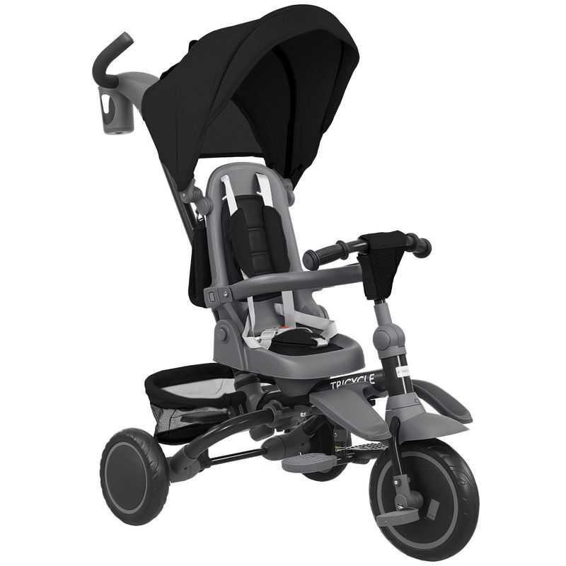 Aiyaplay triciclo evolutivo 6 en 1, triciclo para bebés plegable, 1-5 años, asiento giratorio de 360°, mango parental, respaldo reclinable, toldo, cinturón de seguridad, cesta, reposapiés, negro