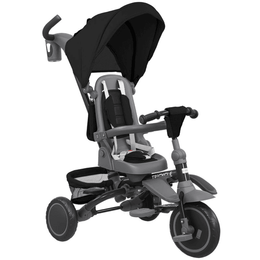 AIYAPLAY Triciclo Evolutivo 6 em 1 Triciclo para Bebés Dobrável 1-5 Anos Assento Giratório de 360° Guidão Encosto Reclinável Toldo Cinto de Segurança Cesto, Apoio para Pés 111,5x52x98 cm Preto