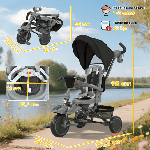 AIYAPLAY Triciclo Evolutivo 6 em 1 Triciclo para Bebés Dobrável 1-5 Anos Assento Giratório de 360° Guidão Encosto Reclinável Toldo Cinto de Segurança Cesto, Apoio para Pés 111,5x52x98 cm Preto