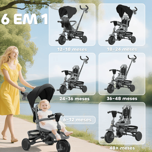 AIYAPLAY Triciclo Evolutivo 6 em 1 Triciclo para Bebés Dobrável 1-5 Anos Assento Giratório de 360° Guidão Encosto Reclinável Toldo Cinto de Segurança Cesto, Apoio para Pés 111,5x52x98 cm Preto