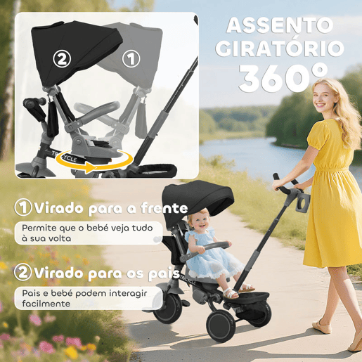 AIYAPLAY Triciclo Evolutivo 6 em 1 Triciclo para Bebés Dobrável 1-5 Anos Assento Giratório de 360° Guidão Encosto Reclinável Toldo Cinto de Segurança Cesto, Apoio para Pés 111,5x52x98 cm Preto