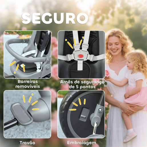 AIYAPLAY Triciclo Evolutivo 6 em 1 Triciclo para Bebés Dobrável 1-5 Anos Assento Giratório de 360° Guidão Encosto Reclinável Toldo Cinto de Segurança Cesto, Apoio para Pés 111,5x52x98 cm Preto