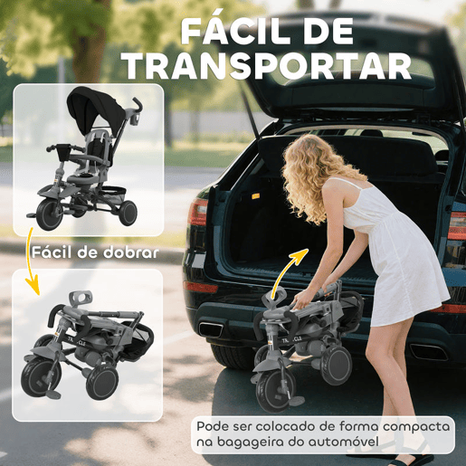 AIYAPLAY Triciclo Evolutivo 6 em 1 Triciclo para Bebés Dobrável 1-5 Anos Assento Giratório de 360° Guidão Encosto Reclinável Toldo Cinto de Segurança Cesto, Apoio para Pés 111,5x52x98 cm Preto