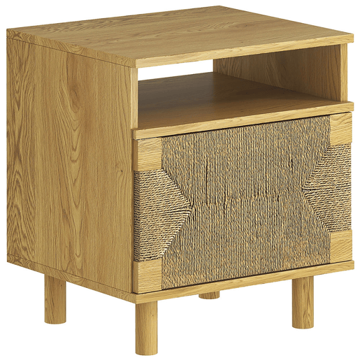 HOMCOM Mesa de Cabeceira Estilo Boémio com Porta de Corda de Papel Prateleira Aberta Pés de Madeira e Abertura por Pressão Mesa Auxiliar para Quarto Sala 45x39x50 cm Carvalho