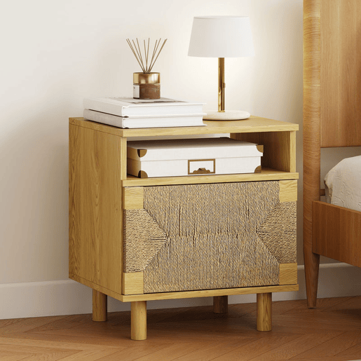 HOMCOM Mesa de Cabeceira Estilo Boémio com Porta de Corda de Papel Prateleira Aberta Pés de Madeira e Abertura por Pressão Mesa Auxiliar para Quarto Sala 45x39x50 cm Carvalho