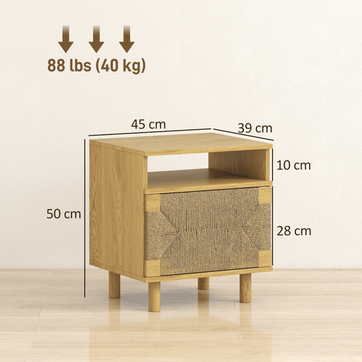 HOMCOM Mesa de Cabeceira Estilo Boémio com Porta de Corda de Papel Prateleira Aberta Pés de Madeira e Abertura por Pressão Mesa Auxiliar para Quarto Sala 45x39x50 cm Carvalho