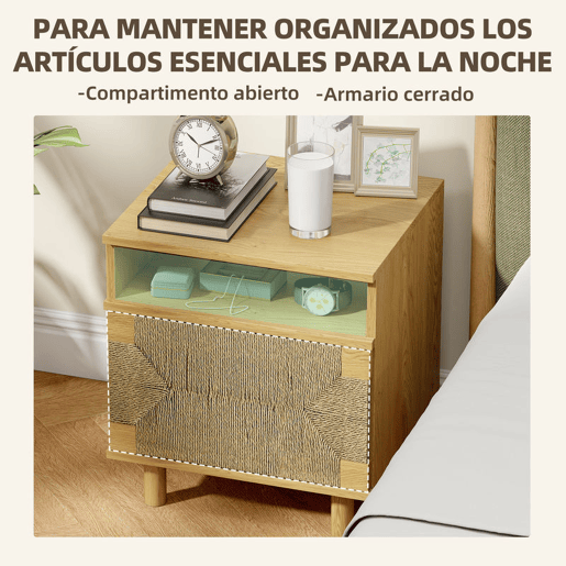 HOMCOM Mesa de Cabeceira Estilo Boémio com Porta de Corda de Papel Prateleira Aberta Pés de Madeira e Abertura por Pressão Mesa Auxiliar para Quarto Sala 45x39x50 cm Carvalho