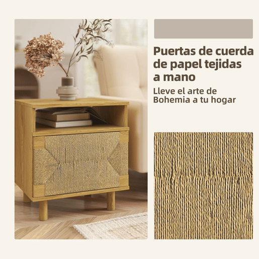 HOMCOM Mesa de Cabeceira Estilo Boémio com Porta de Corda de Papel Prateleira Aberta Pés de Madeira e Abertura por Pressão Mesa Auxiliar para Quarto Sala 45x39x50 cm Carvalho