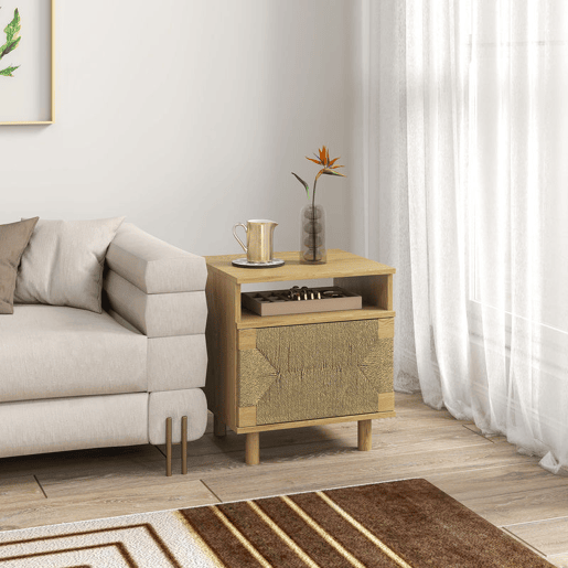HOMCOM Mesa de Cabeceira Estilo Boémio com Porta de Corda de Papel Prateleira Aberta Pés de Madeira e Abertura por Pressão Mesa Auxiliar para Quarto Sala 45x39x50 cm Carvalho