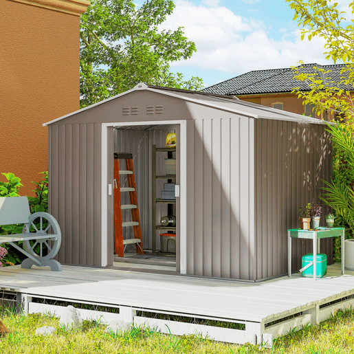 Outsunny Abrigo de Jardim Exterior Abrigo e Jardim Metálico para Armazenamento de Ferramentas com Base de Reforço Incluída e 4 Janelas 277x195x192 cm Cinzento