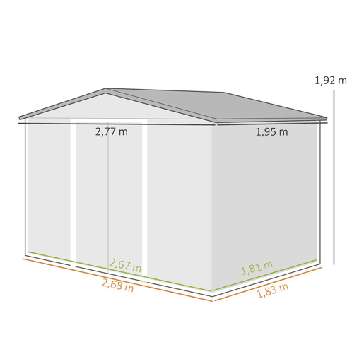 Outsunny Abrigo de Jardim Exterior Abrigo e Jardim Metálico para Armazenamento de Ferramentas com Base de Reforço Incluída e 4 Janelas 277x195x192 cm Cinzento