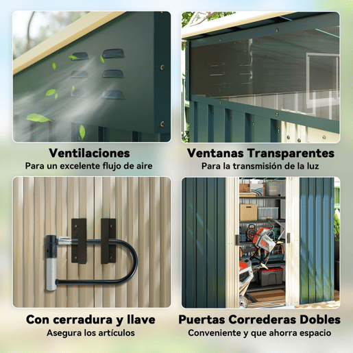 Outsunny Abrigo de Jardim 2 m² 195x122x181,5 cm Abrigo de Armazenamento Metálico com Porta de Correr 2 Janelas e Anti-UV para Armazenar Ferramentas Pátio Exterior Verde