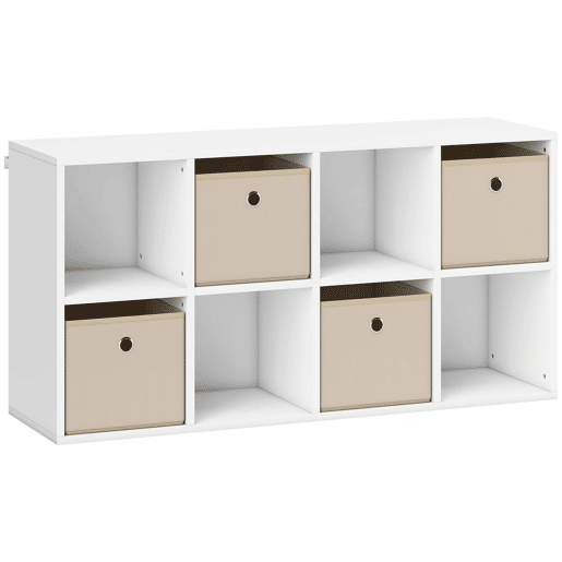 HOMCOM Estante Cubo Moderna Estante de Armazenamento Horizontal ou Vertical com 8 Compartimentos Abertos e 4 Gavetas de Tecido para Sala de Estar Quarto Escritório 105,9x30x53,7 cm Branco e Bege