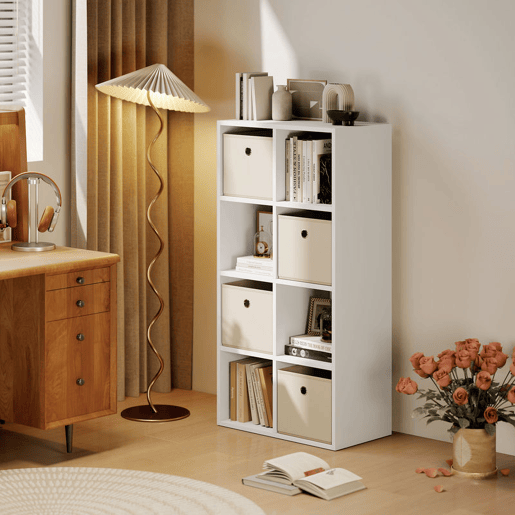 HOMCOM Estante Cubo Moderna Estante de Armazenamento Horizontal ou Vertical com 8 Compartimentos Abertos e 4 Gavetas de Tecido para Sala de Estar Quarto Escritório 105,9x30x53,7 cm Branco e Bege