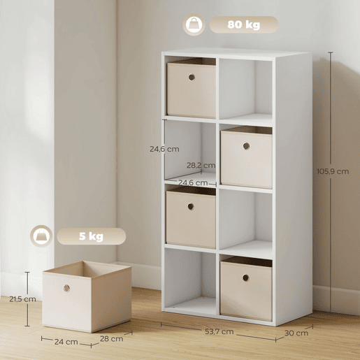 HOMCOM Estante Cubo Moderna Estante de Armazenamento Horizontal ou Vertical com 8 Compartimentos Abertos e 4 Gavetas de Tecido para Sala de Estar Quarto Escritório 105,9x30x53,7 cm Branco e Bege