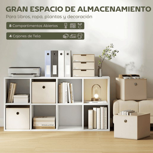 HOMCOM Estante Cubo Moderna Estante de Armazenamento Horizontal ou Vertical com 8 Compartimentos Abertos e 4 Gavetas de Tecido para Sala de Estar Quarto Escritório 105,9x30x53,7 cm Branco e Bege