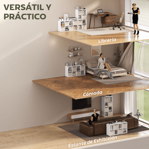 HOMCOM Estante Cubo Moderna Estante de Armazenamento Horizontal ou Vertical com 8 Compartimentos Abertos e 4 Gavetas de Tecido para Sala de Estar Quarto Escritório 105,9x30x53,7 cm Branco e Bege