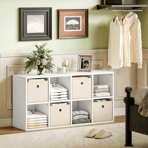 HOMCOM Estante Cubo Moderna Estante de Armazenamento Horizontal ou Vertical com 8 Compartimentos Abertos e 4 Gavetas de Tecido para Sala de Estar Quarto Escritório 105,9x30x53,7 cm Branco e Bege
