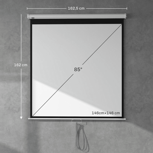 HOMCOM Ecrã de Projeção Manual 85'' Portátil Formato 1:1 Ângulo de Visão 160° para Interior e Exterior Cinema em Casa Eventos Desportivos Jardim 146x146 cm Branco