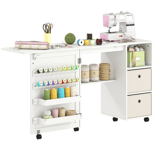 HOMCOM Mesa de Costura Dobrável com 6 Rodas Móvel para Máquina de Costura com 18 Pinos para Linhas 2 Gavetas de Tecido 3 Compartimentos Armário de Costura para Escritório Sala Branco