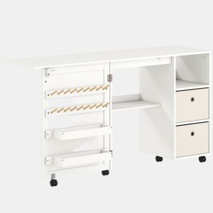 HOMCOM Mesa de Costura Dobrável com 6 Rodas Móvel para Máquina de Costura com 18 Pinos para Linhas 2 Gavetas de Tecido 3 Compartimentos Armário de Costura para Escritório Sala Branco