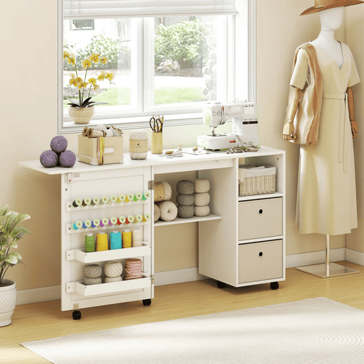 HOMCOM Mesa de Costura Dobrável com 6 Rodas Móvel para Máquina de Costura com 18 Pinos para Linhas 2 Gavetas de Tecido 3 Compartimentos Armário de Costura para Escritório Sala Branco