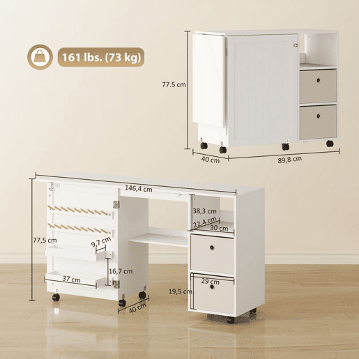 HOMCOM Mesa de Costura Dobrável com 6 Rodas Móvel para Máquina de Costura com 18 Pinos para Linhas 2 Gavetas de Tecido 3 Compartimentos Armário de Costura para Escritório Sala Branco