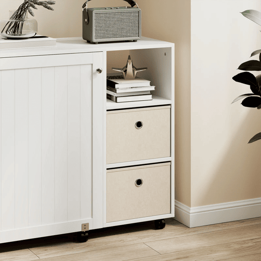HOMCOM Mesa de Costura Dobrável com 6 Rodas Móvel para Máquina de Costura com 18 Pinos para Linhas 2 Gavetas de Tecido 3 Compartimentos Armário de Costura para Escritório Sala Branco