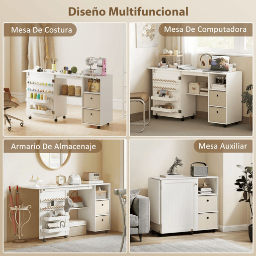 HOMCOM Mesa de Costura Dobrável com 6 Rodas Móvel para Máquina de Costura com 18 Pinos para Linhas 2 Gavetas de Tecido 3 Compartimentos Armário de Costura para Escritório Sala Branco