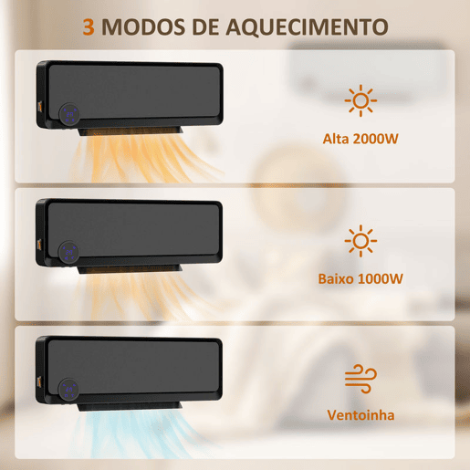 HOMCOM Aquecedor Cerâmico de Parede 1000W2000W com Controle Remoto Tela LED Temporizador de 12h Termostato e Proteção contra Superaquecimento 56x18,5x11,7 cm Preto