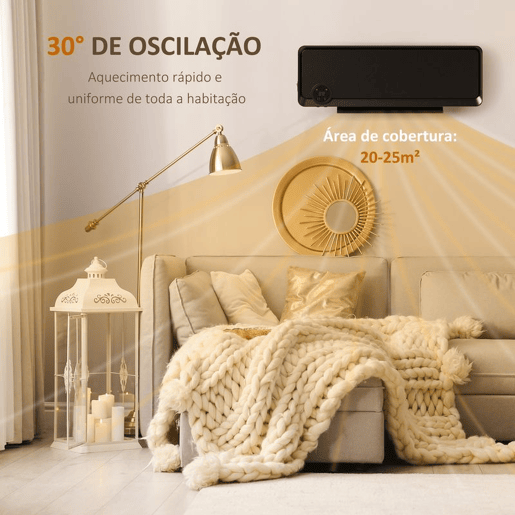 HOMCOM Aquecedor Cerâmico de Parede 1000W2000W com Controle Remoto Tela LED Temporizador de 12h Termostato e Proteção contra Superaquecimento 56x18,5x11,7 cm Preto