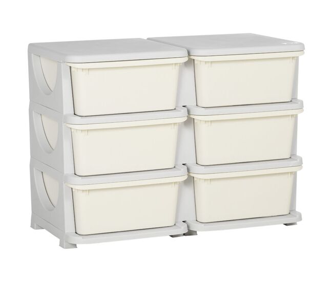 Homcom torre de almacenamiento infantil con 6 cajones, organizador de juguetes para niños de +3 años, con bordes redondeados y asas, para guardería, sala de juegos, dormitorio, 75x37x56,5 cm, crema
