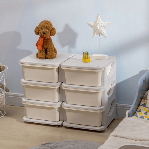 HOMCOM Organizador de Brinquedos com 6 Gavetas Gavetas de Arrumação para Crianças acima de 3 Anos com Bordas Arredondadas e Pegas para Sala de Jogos Quarto 75x37x56,5 cm Creme e Cinza