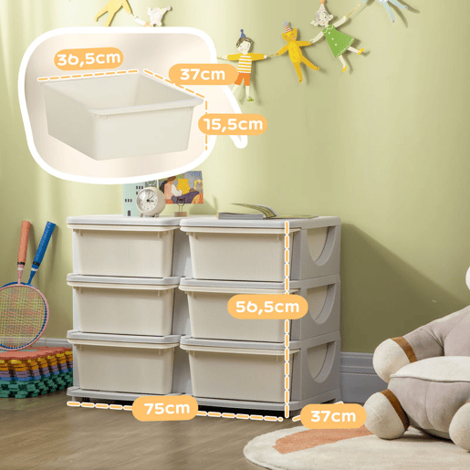 HOMCOM Organizador de Brinquedos com 6 Gavetas Gavetas de Arrumação para Crianças acima de 3 Anos com Bordas Arredondadas e Pegas para Sala de Jogos Quarto 75x37x56,5 cm Creme e Cinza