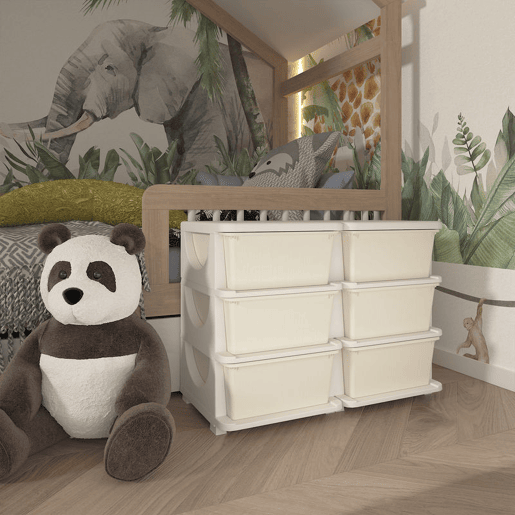HOMCOM Organizador de Brinquedos com 6 Gavetas Gavetas de Arrumação para Crianças acima de 3 Anos com Bordas Arredondadas e Pegas para Sala de Jogos Quarto 75x37x56,5 cm Creme e Cinza