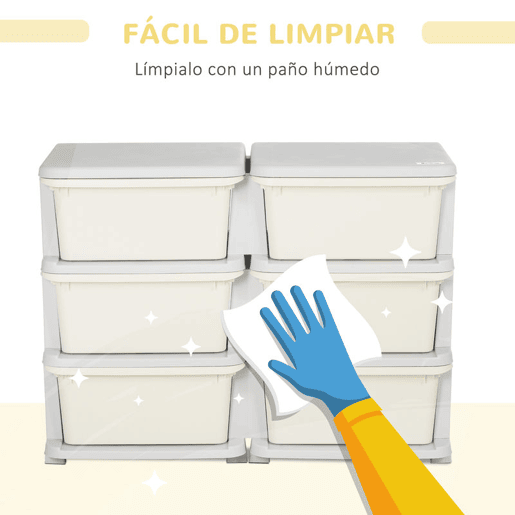 HOMCOM Organizador de Brinquedos com 6 Gavetas Gavetas de Arrumação para Crianças acima de 3 Anos com Bordas Arredondadas e Pegas para Sala de Jogos Quarto 75x37x56,5 cm Creme e Cinza