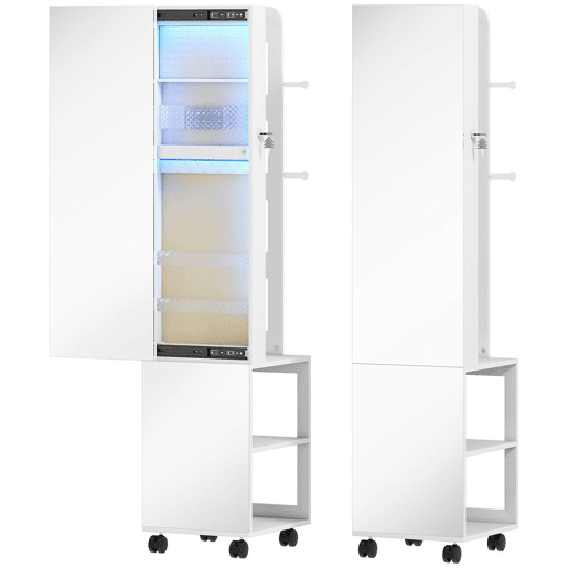 HOMCOM Espelho com Armário para Jóias com Luzes LED de 3 Cores, Armário Giratório 360°, Espelho de Corpo Inteiro sem Moldura com Cabide, Fecho e Chaves, Compartimentos, Branco com Forro Bege