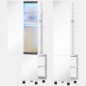 HOMCOM Espelho com Armário para Jóias com Luzes LED de 3 Cores, Armário Giratório 360°, Espelho de Corpo Inteiro sem Moldura com Cabide, Fecho e Chaves, Compartimentos, Branco com Forro Bege