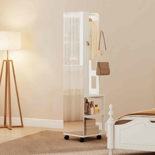 HOMCOM Espelho com Armário para Jóias com Luzes LED de 3 Cores, Armário Giratório 360°, Espelho de Corpo Inteiro sem Moldura com Cabide, Fecho e Chaves, Compartimentos, Branco com Forro Bege