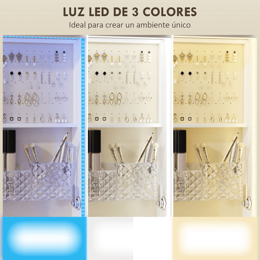 HOMCOM Espelho com Armário para Jóias com Luzes LED de 3 Cores, Armário Giratório 360°, Espelho de Corpo Inteiro sem Moldura com Cabide, Fecho e Chaves, Compartimentos, Branco com Forro Bege