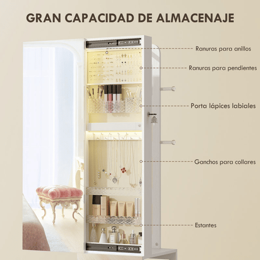 HOMCOM Espelho com Armário para Jóias com Luzes LED de 3 Cores, Armário Giratório 360°, Espelho de Corpo Inteiro sem Moldura com Cabide, Fecho e Chaves, Compartimentos, Branco com Forro Bege