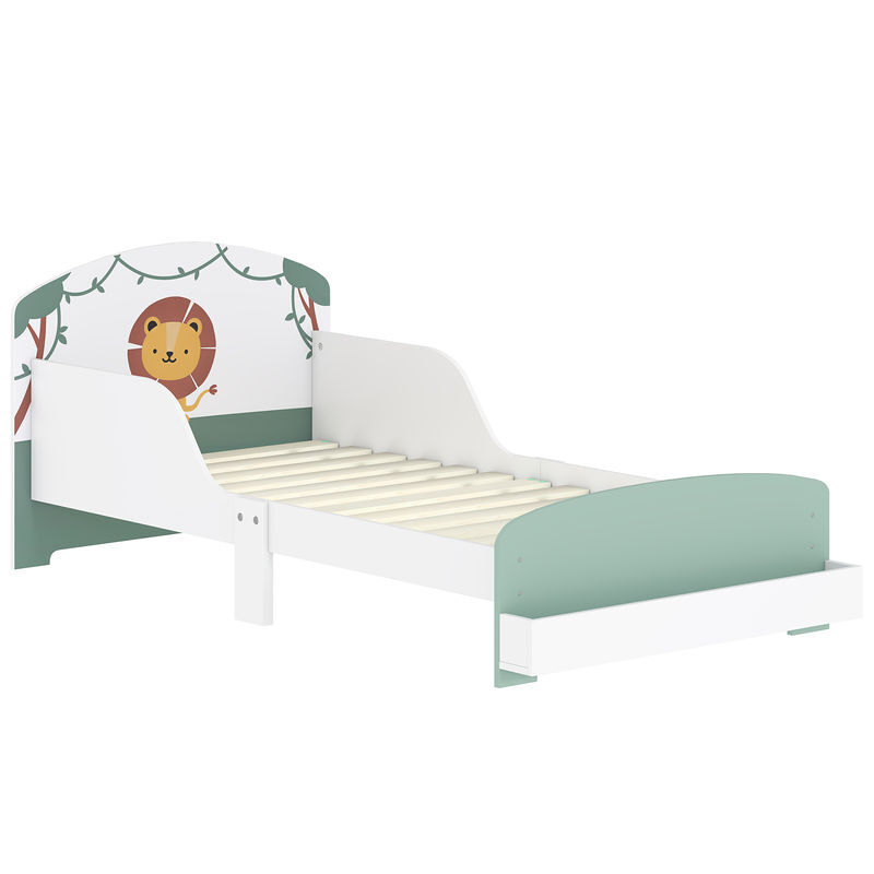 Aiyaplay cama infantil 70x140 cm de madera con almacenaje cama para niños de +3 años con protección anticaída cabecero en dibujo de león carga 40 kg para dormitorio verde