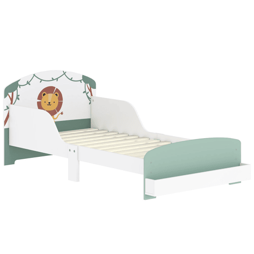 AIYAPLAY Cama Infantil 70x140 cm em Madeira com Armazenamento Proteção Antiqueda e Cabeceira com Desenho de Leã, Suporta 40 kg para Quarto Verde