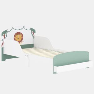 AIYAPLAY Cama Infantil 70x140 cm em Madeira com Armazenamento Proteção Antiqueda e Cabeceira com Desenho de Leã, Suporta 40 kg para Quarto Verde