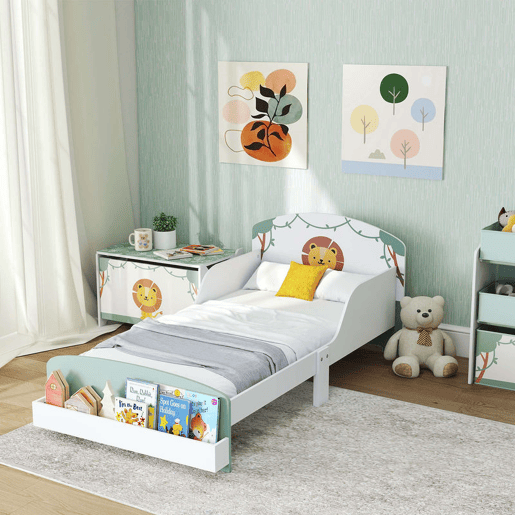 AIYAPLAY Cama Infantil 70x140 cm em Madeira com Armazenamento Proteção Antiqueda e Cabeceira com Desenho de Leã, Suporta 40 kg para Quarto Verde