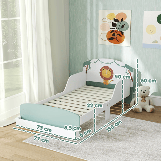 AIYAPLAY Cama Infantil 70x140 cm em Madeira com Armazenamento Proteção Antiqueda e Cabeceira com Desenho de Leã, Suporta 40 kg para Quarto Verde