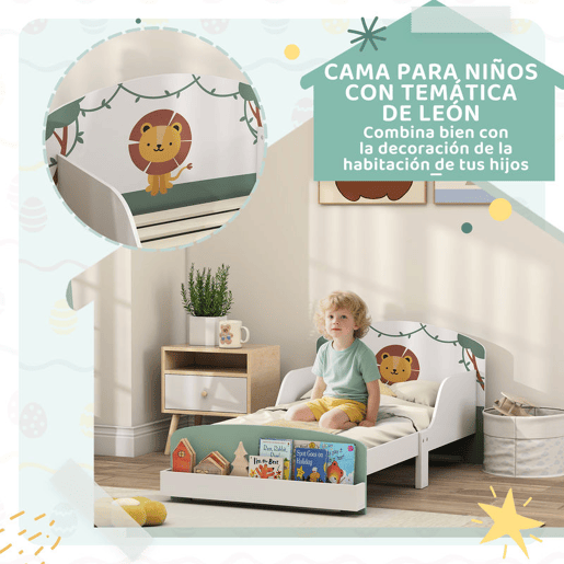 AIYAPLAY Cama Infantil 70x140 cm em Madeira com Armazenamento Proteção Antiqueda e Cabeceira com Desenho de Leã, Suporta 40 kg para Quarto Verde