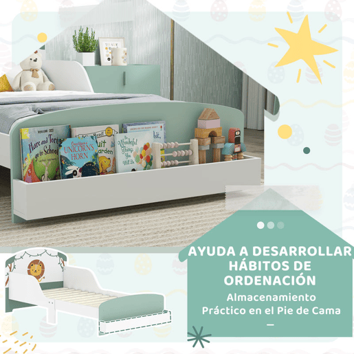 AIYAPLAY Cama Infantil 70x140 cm em Madeira com Armazenamento Proteção Antiqueda e Cabeceira com Desenho de Leã, Suporta 40 kg para Quarto Verde