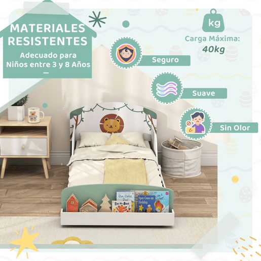 AIYAPLAY Cama Infantil 70x140 cm em Madeira com Armazenamento Proteção Antiqueda e Cabeceira com Desenho de Leã, Suporta 40 kg para Quarto Verde