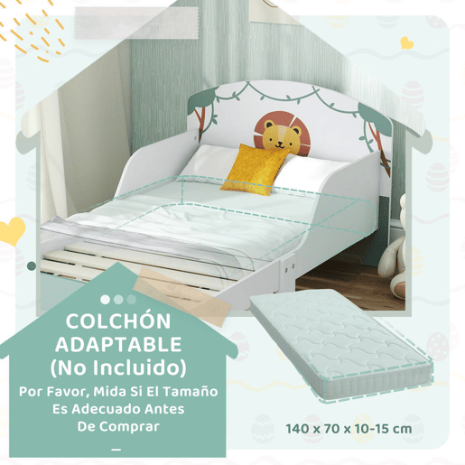 AIYAPLAY Cama Infantil 70x140 cm em Madeira com Armazenamento Proteção Antiqueda e Cabeceira com Desenho de Leã, Suporta 40 kg para Quarto Verde